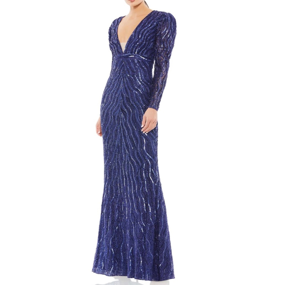 MAC DUGGAL Sequin Puff Shoulder Long Sleeve Gown In Midnight Blue - New With Tag
